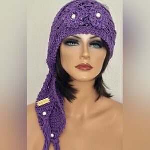 Hand Knits 2 love Cotton Headband Bandana Headwrap Flowers Tassels Purple Chic